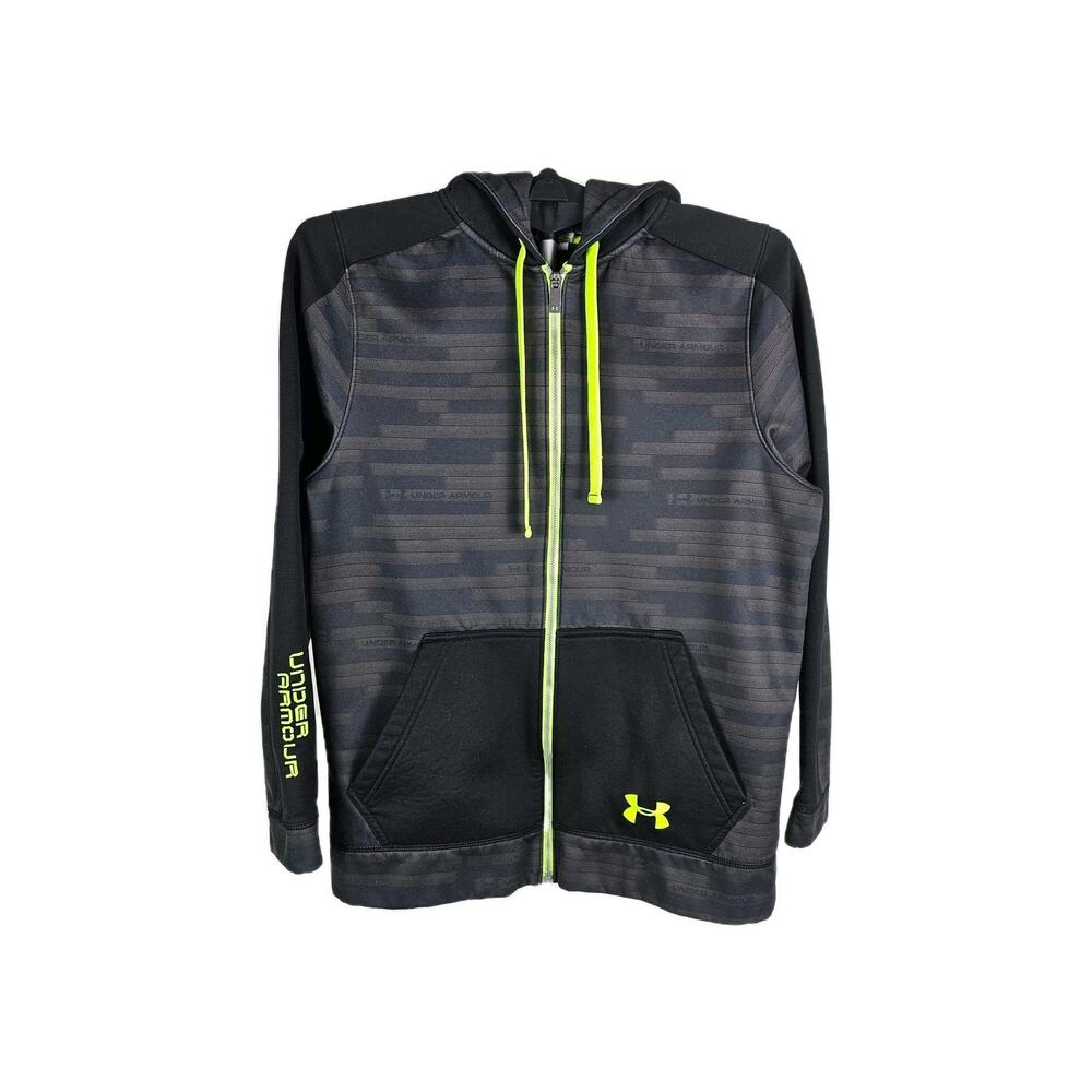 Under Armour Black/Grey Patterned Full Zip Hoodie Neon Yellow Logo Men's Small S